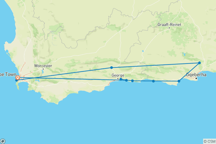 Map of 9 day Cape Coastal & Garden Route Combo