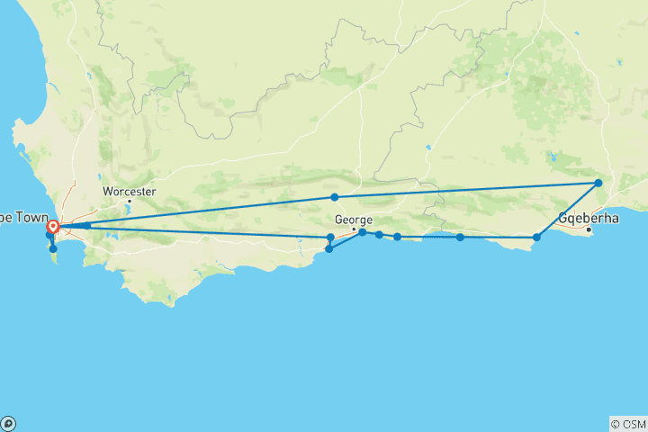 Mapa de Paquete de 9 días por la Costa del Cabo y la Ruta Jardín
