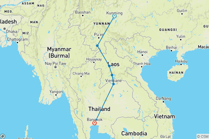 Carte du circuit Chine et Laos : De Kunming à Bangkok en train