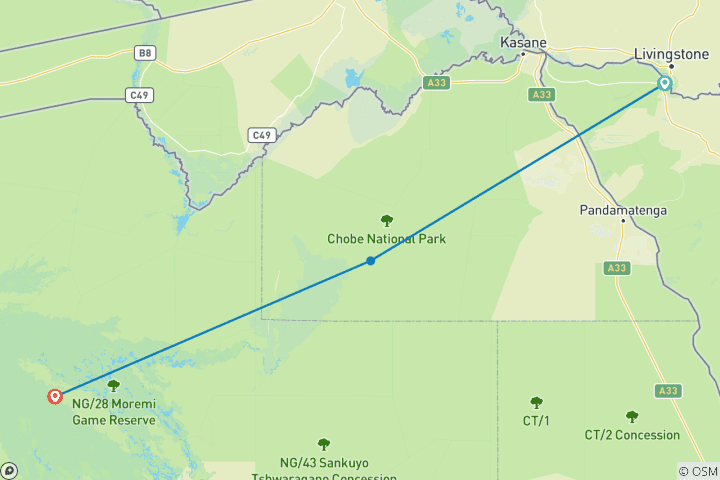 Carte du circuit 5 jours - Victoria Falls, Chobe National Park & Okovango Delta Expolorer