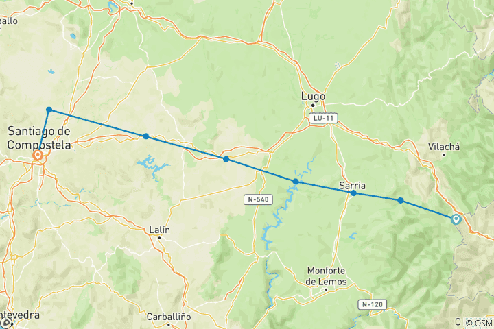 Kaart van Camino de Santiago - Jakobsroute - Franse route - Van O Cebreiro naar Santiago de Compostela