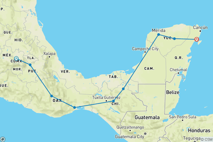Carte du circuit Mexique Unplugged (inclusif San Cristobel de Las Casas) (9 destinations)