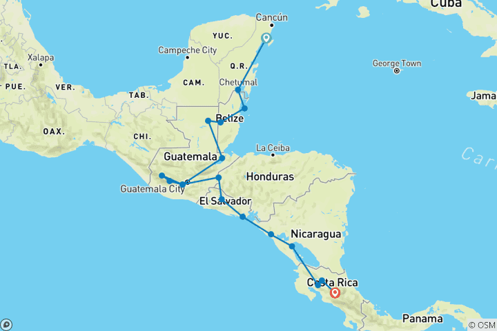 Carte du circuit Aventure en Amérique centrale (18 destinations)