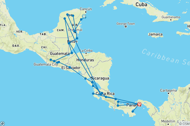 Carte du circuit Le meilleur de l'Amérique centrale (from Playa del Carmen to Panama City)