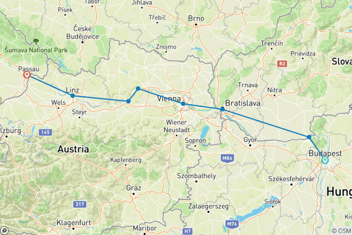 Carte du circuit Fleuve & musique (Budapest - Passau)