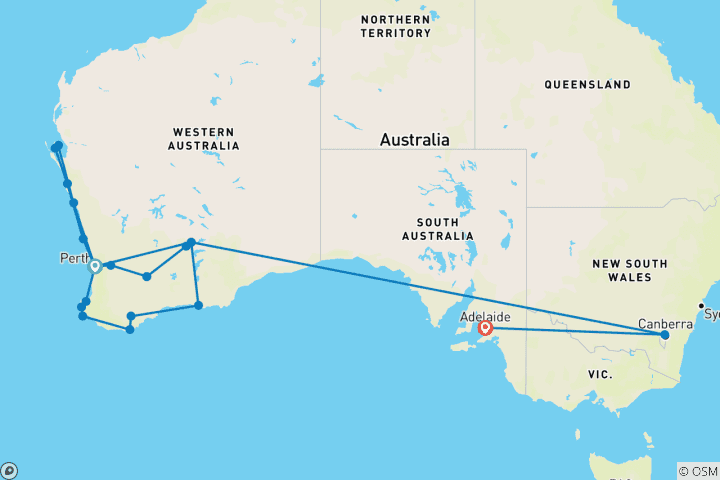 Kaart van Spoor door de Nullarbor en verder Perth → Adelaide (2026)