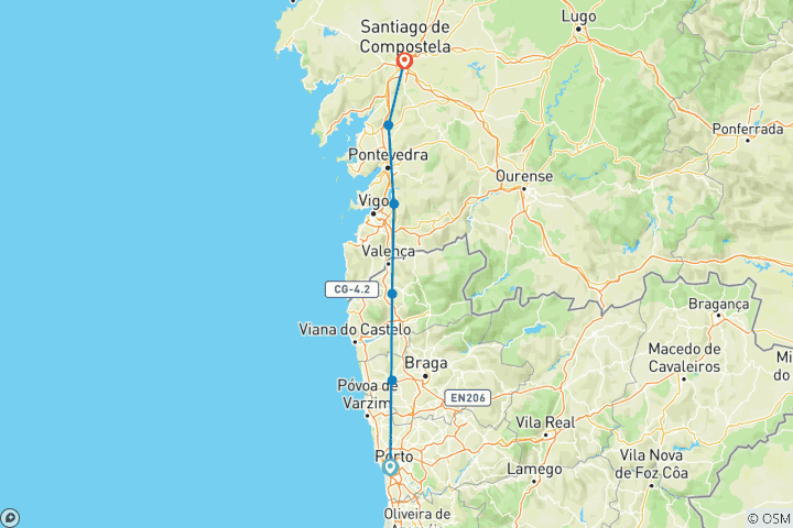 Carte du circuit Chemin de Saint-Jacques-de-Compostelle - Chemin portugais - De Porto à Saint-Jacques-de-Compostelle - À vélo