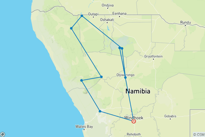 Kaart van 10 Daagse Kampeersafari in Namibië