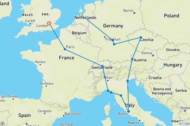 Map of European Discovery (Classic, Summer, Start Amsterdam, End London, 16 Days)