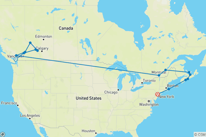 Carte du circuit Les magnifiques Rocheuses canadiennes et la côte est de l'Amérique du Nord - Croisière et voyage terrestre