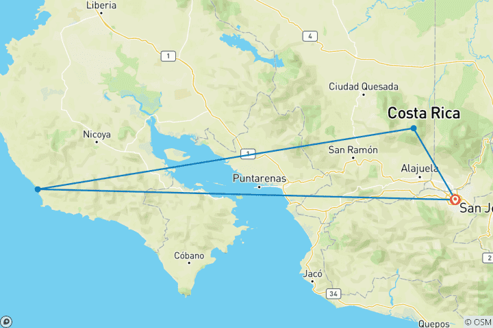 Mapa de Retiro de 8 días de Bienestar y Aventura en Costa Rica