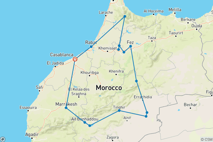 Kaart van Hoogtepunten van Marokko Kleine Groep