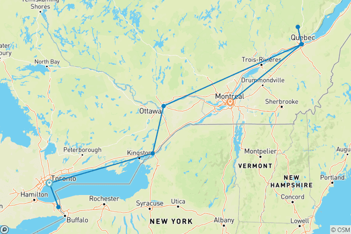Mapa de Este de Canadá en tren