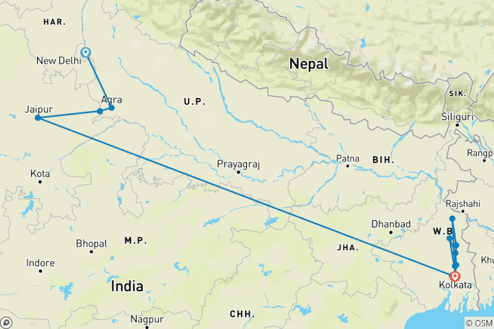 Karte von Goldenes Dreieck, Kolkata und Lower Ganges Kreuzfahrt Delhi → Kolkata