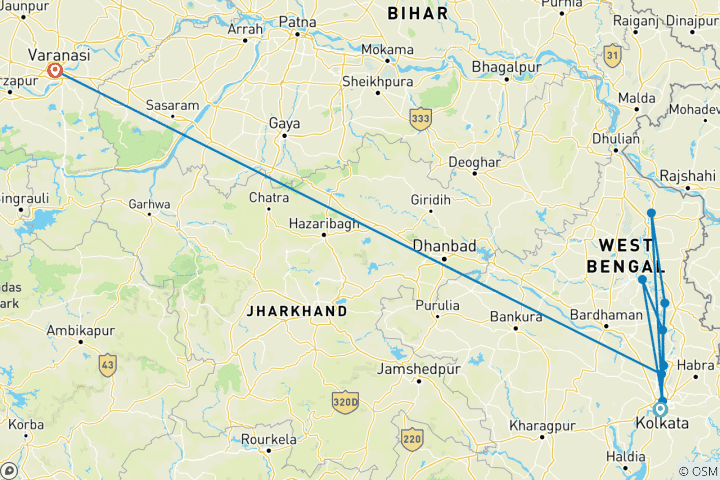 Map of Kolkata, Varanasi and Lower Ganges Cruise Kolkata → Varanasi (2026)