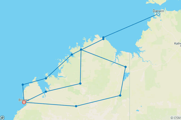 Map of Wonders of the Kimberley and Coast Adventure Darwin → Broome (2026)