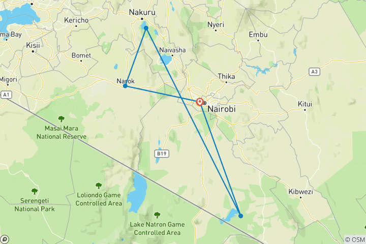 Map of 6 Days Masai Mara - L. Nakuru - Amboseli Classic Budget Safari