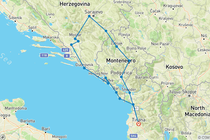 Carte du circuit Circuit d'exploration des Balkans occidentaux "Route bleue"