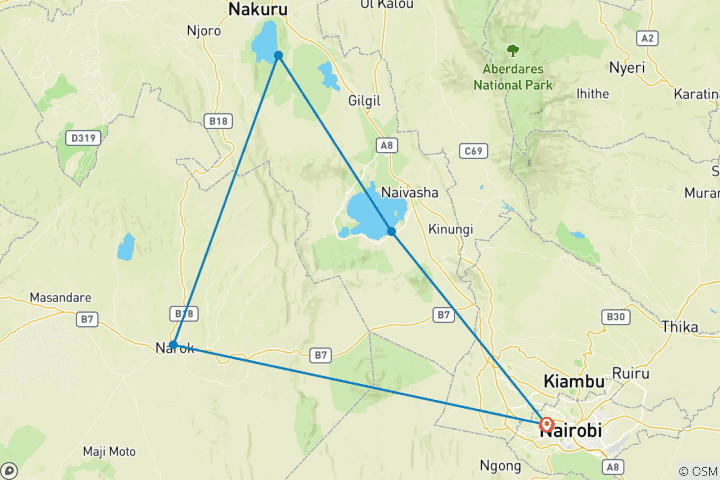 Carte du circuit SAFARI BUDGET DE 5 JOURS AU MASAI MARA, AU LAC NAKURU ET À LA PORTE DE L'ENFER