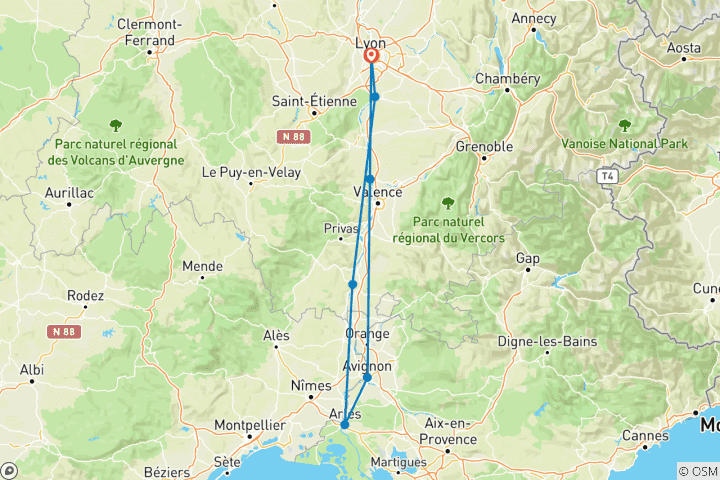 Carte du circuit Route du Rhône Provence 2025 - A-ROSA STELLA
