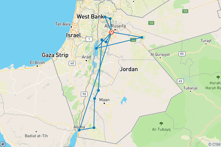 Karte von Jordanien Rundreise mit Baden am Roten Meer