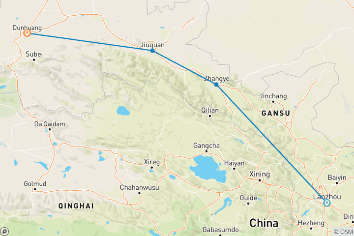 Mapa de Excursión en grupo reducido de Lanzhou a Dunhuang 8D: Adéntrate en el desierto de Badain Jarhan