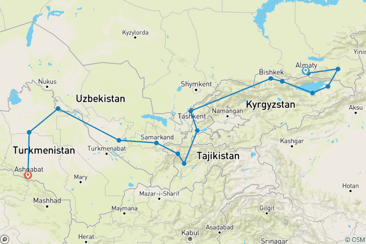 Carte du circuit Circuit privé L'ultime circuit des 5 Stans : Kazakhstan, Kirghizistan, Tadjikistan, Ouzbékistan et Turkménistan - Découvrez l'Asie centrale en 16 jours