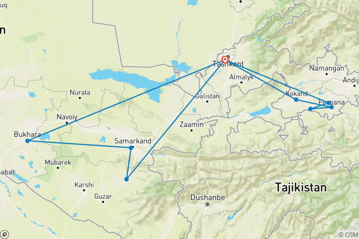 Map of Route of Caravans II to Uzbekistan - Private Tour