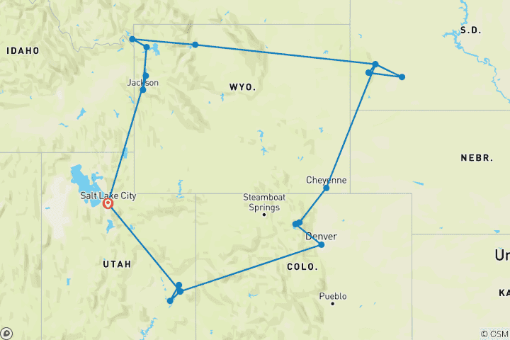 Kaart van Roadtrip VS: van Yellowstone naar Rocky Wonders