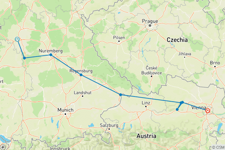 Map of Christmas on the Danube featuring a 6-Night Danube River Cruise (Wurzburg to Vienna)