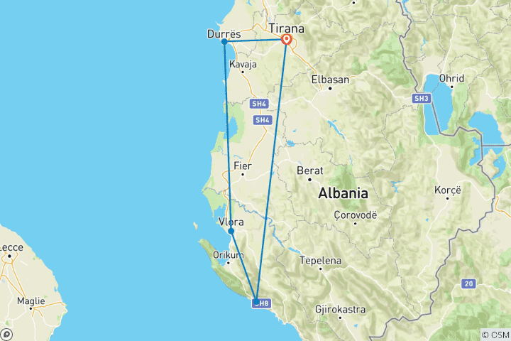 Carte du circuit Au départ de Tirana : Circuit de 2 jours sur la Riviera albanaise, plage Pavillon Bleu de Palase, Vlora, Dhermi, Apolonia et Durres.