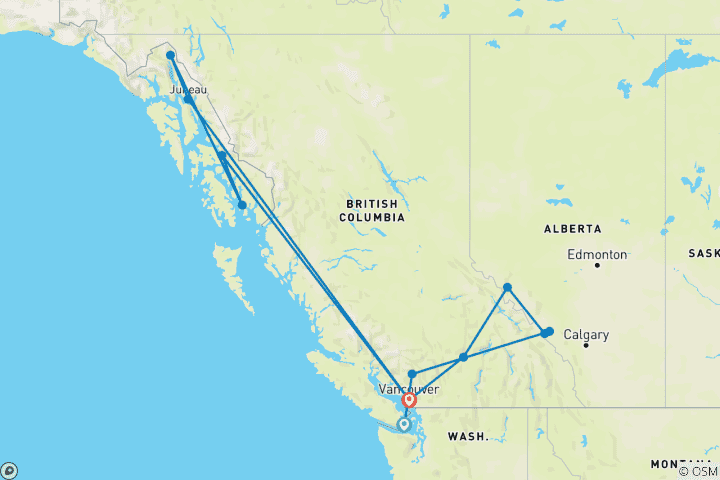 Map of Rockies Grandeur & Alaska Cruise 2026 - 18 Days (12 destinations)