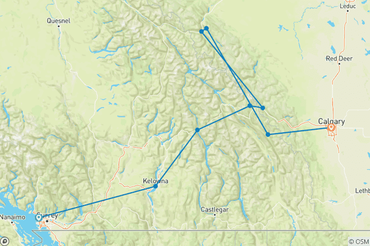 Mapa de Excursión de 6 días en autobús por las Rocosas Canadienses: De Vancouver a Calgary | Banff, Jasper, Lago Louise y Lago Moraine