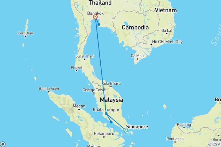 Karte von Maßgeschneiderte Singapur, Malaysia & Thailand Tour, täglicher Start