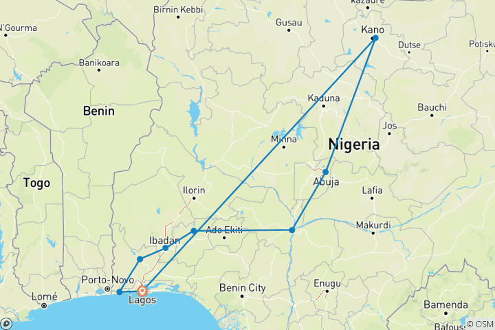 Carte du circuit Kaléidoscope africain : Découvrez le Nigeria en 12 jours inoubliables