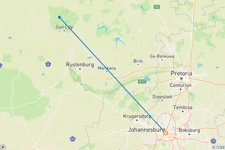 Carte du circuit 2 jours - Safari aventure en camping dans la réserve de chasse de Pilanesberg