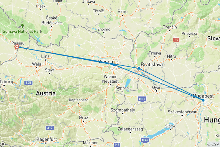 Karte von Silvesterkreuzfahrt auf der Donau - AMADEUS Nova (Passau - Passau)