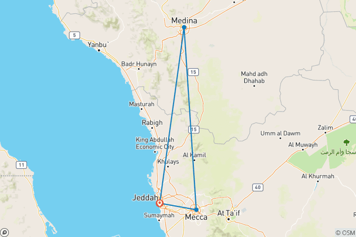 Map of 8-Day Umrah Package: Mecca, Medina, Ziyarat, Hotels & Private Transfers