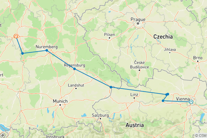 Map of Christmas on the Danube featuring a 6-night Danube River Cruise (Vienna to Wurzburg)