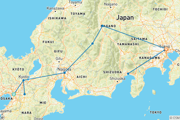 Karte von Die „Goldene Route“ und das alte Japan (von Osaka bis Tokio)