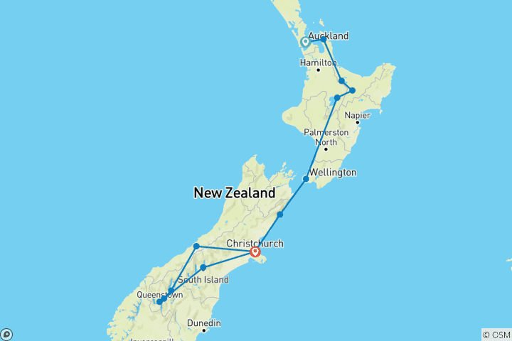 Map of New Zealand Amplified (Southbound) (14 destinations)