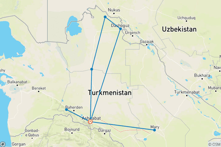 Carte du circuit Circuit d'exploration personnalisé de 7 jours au Turkménistan, départ quotidien et guide privé