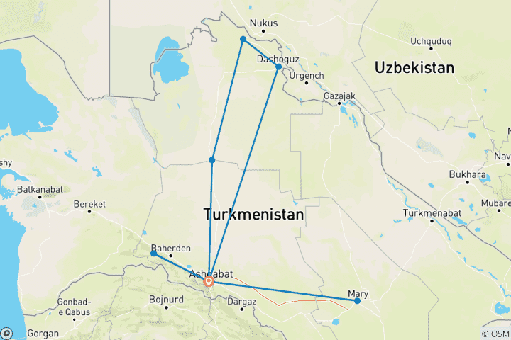 Map of Customized 7-Day Best Turkmenistan Trip, Daily Start & Private Guide