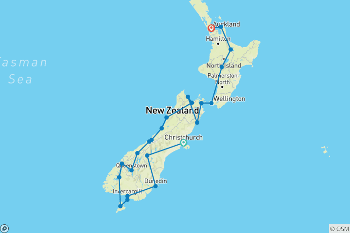 Kaart van Rondreis Nieuw-Zeeland - 22 dagen hoogtepunten in een kleine groep