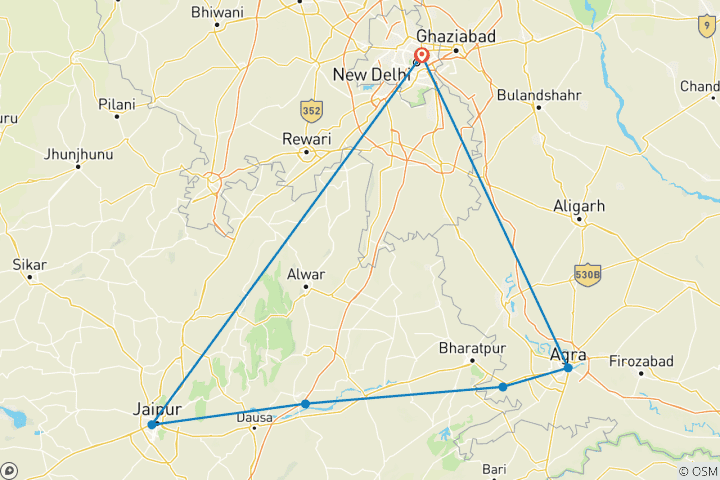 Carte du circuit Circuit privé de 6 jours dans le Triangle d'Or avec Taj Mahal, Delhi et Jaipur - Découvrez le fort d'Agra, le fort d'Amber et Chand Baori.