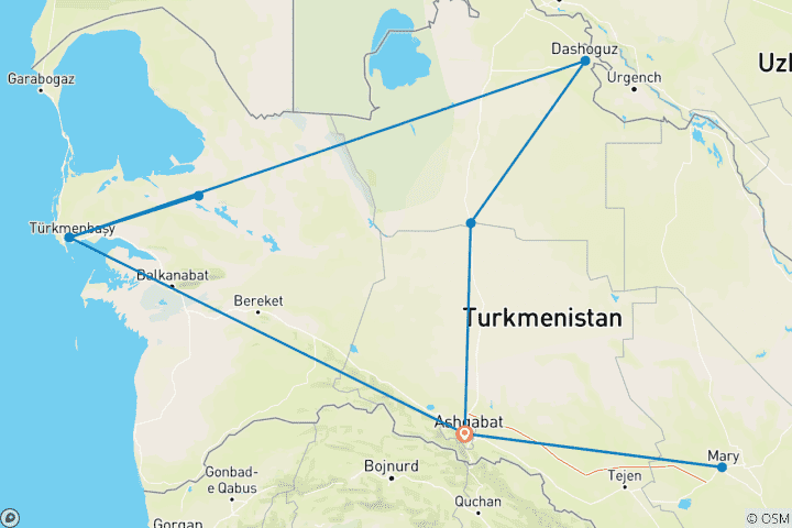Kaart van Turkmenistan familiereis op maat, dagelijks vertrek & privégids