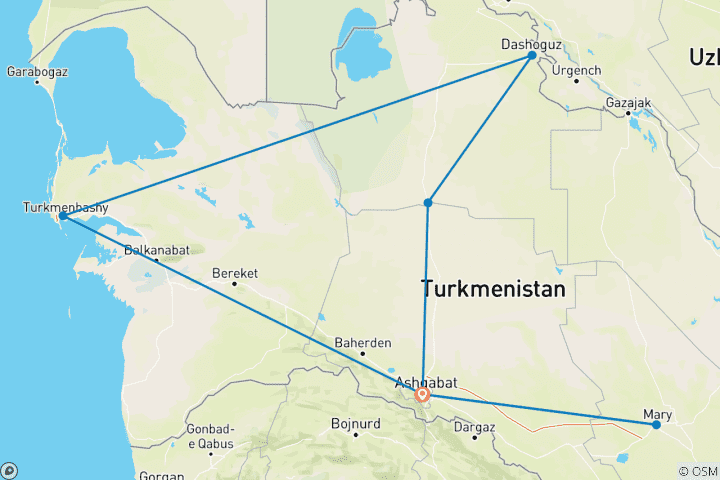 Carte du circuit Circuit familial sur mesure au Turkménistan, départ quotidien et guide privé