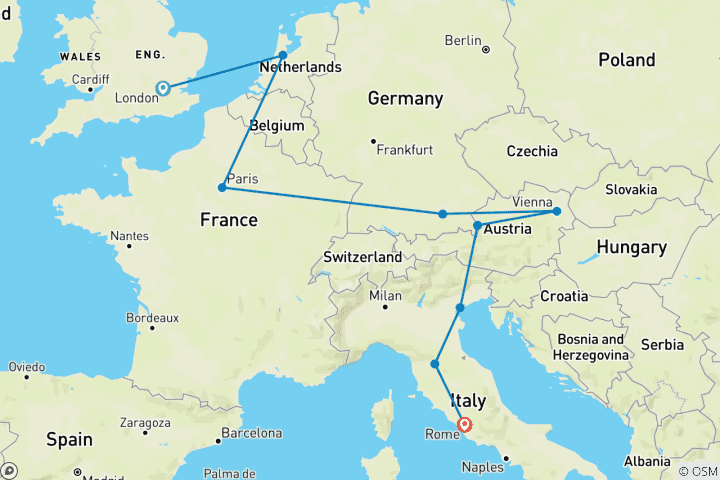Carte du circuit Europa Railroad : Pasta, Palaces, Pints & Peaks (pâtes, palais, pintes et pics)