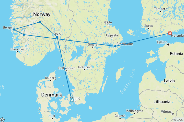 Carte du circuit Scandinavia & Beyond : Capital Vibes meet Norway Roadtrip (7 destinations)