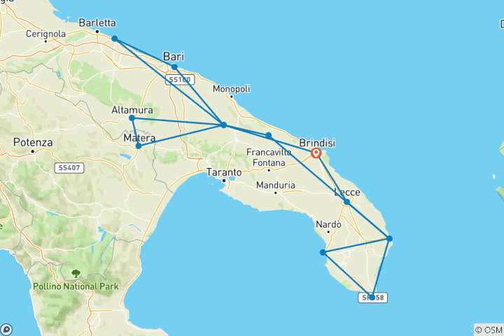 Carte du circuit Les Pouilles en voiture de location